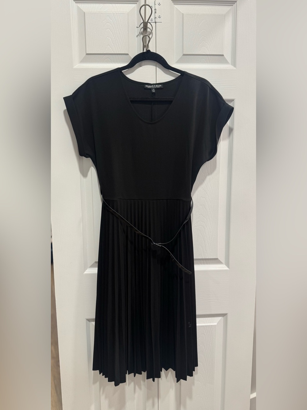 Black Pleated Midi Dress with Belt